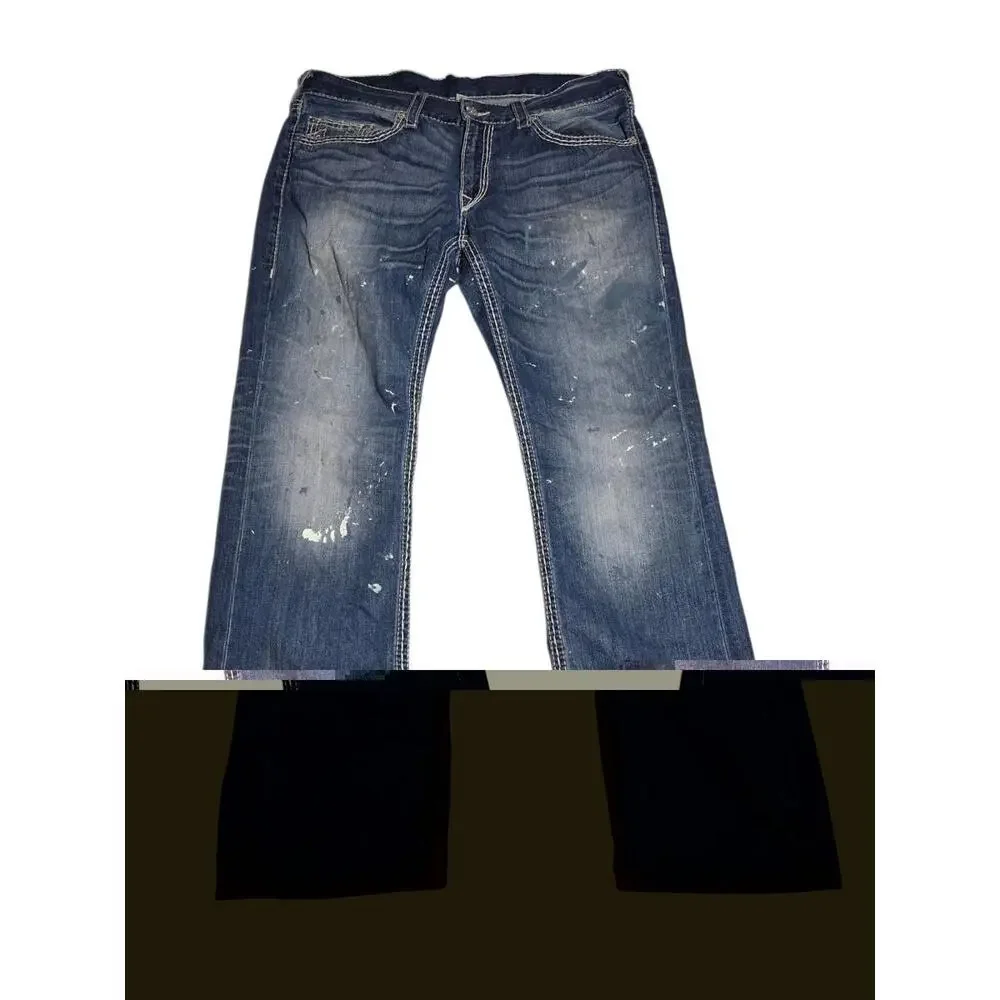 True Religion Jeans Mens‎ 36 Straight Denim Paint Splatter Distressed Faded BD